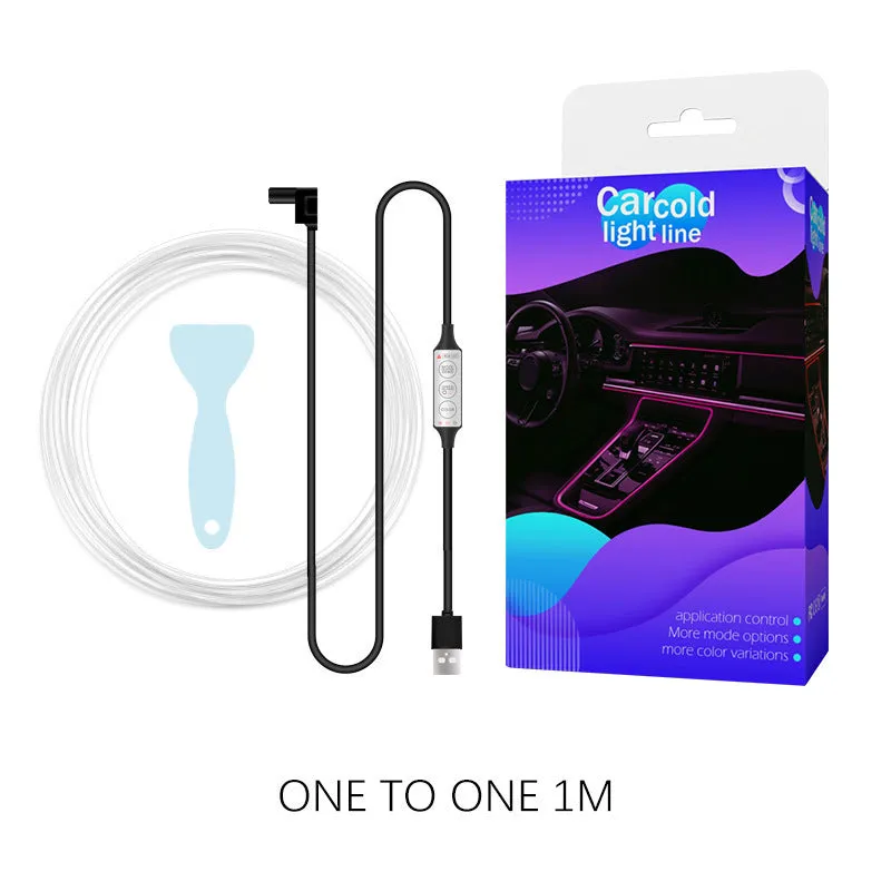 Car interior RGB LED light strip with wireless controller showing multiple colour modes