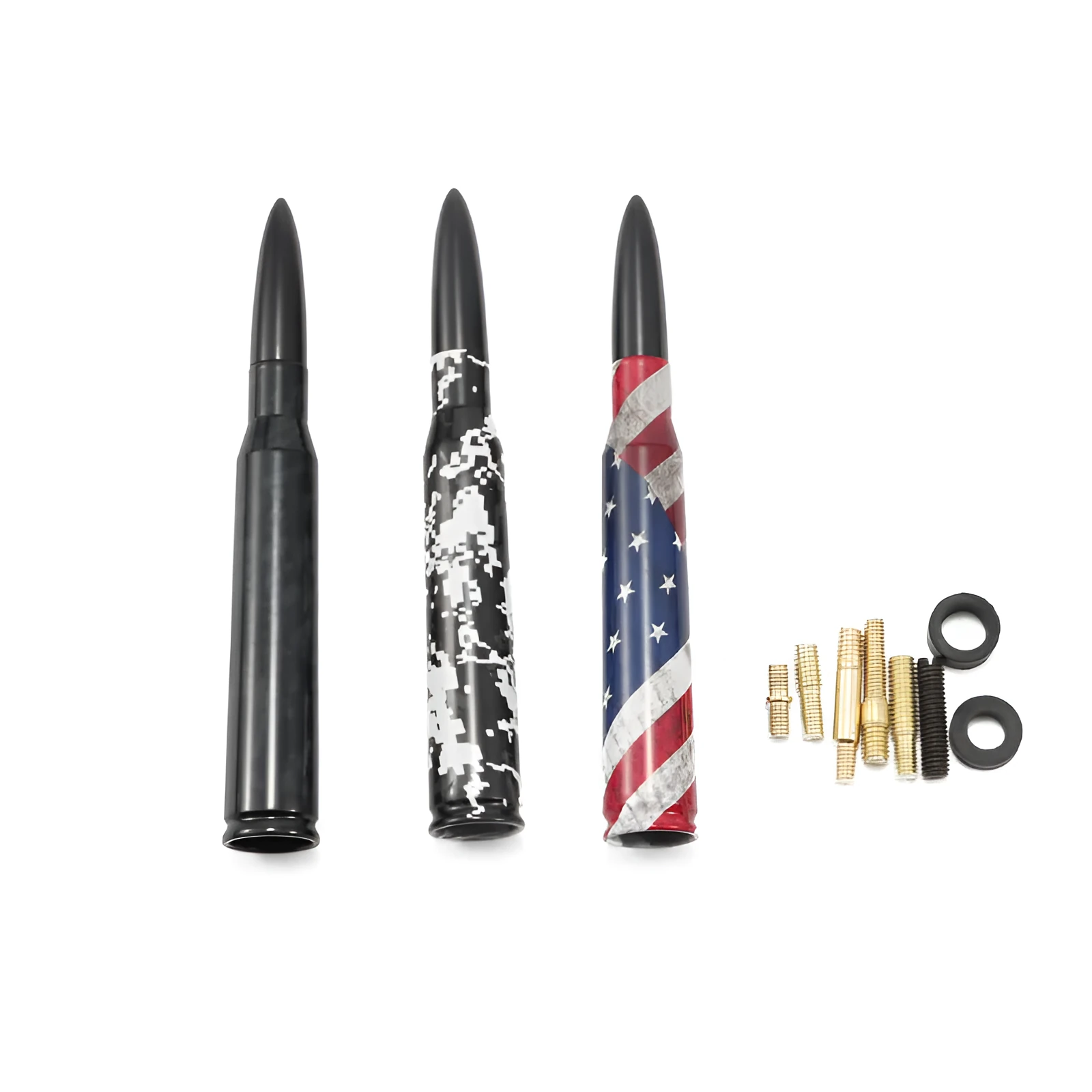 14cm bullet car antenna in camouflage green, American flag, and black colour options