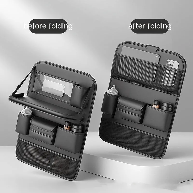 Leather car seat storage bag with fold-out table in black, grey, green, or brown
