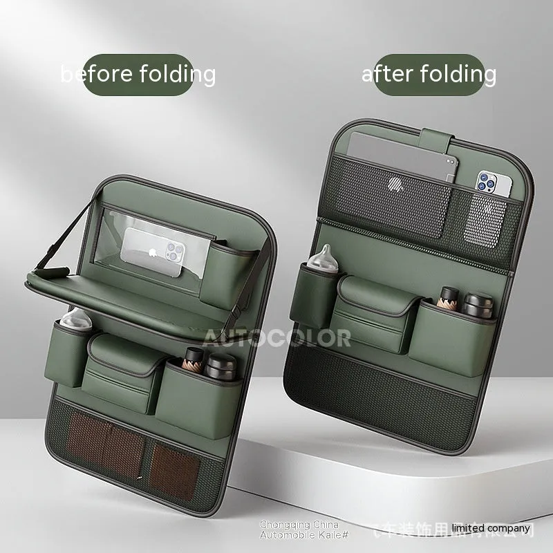 Leather car seat storage bag with fold-out table in black, grey, green, or brown