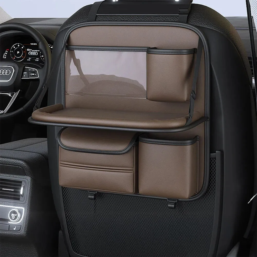 Leather car seat storage bag with fold-out table in black, grey, green, or brown