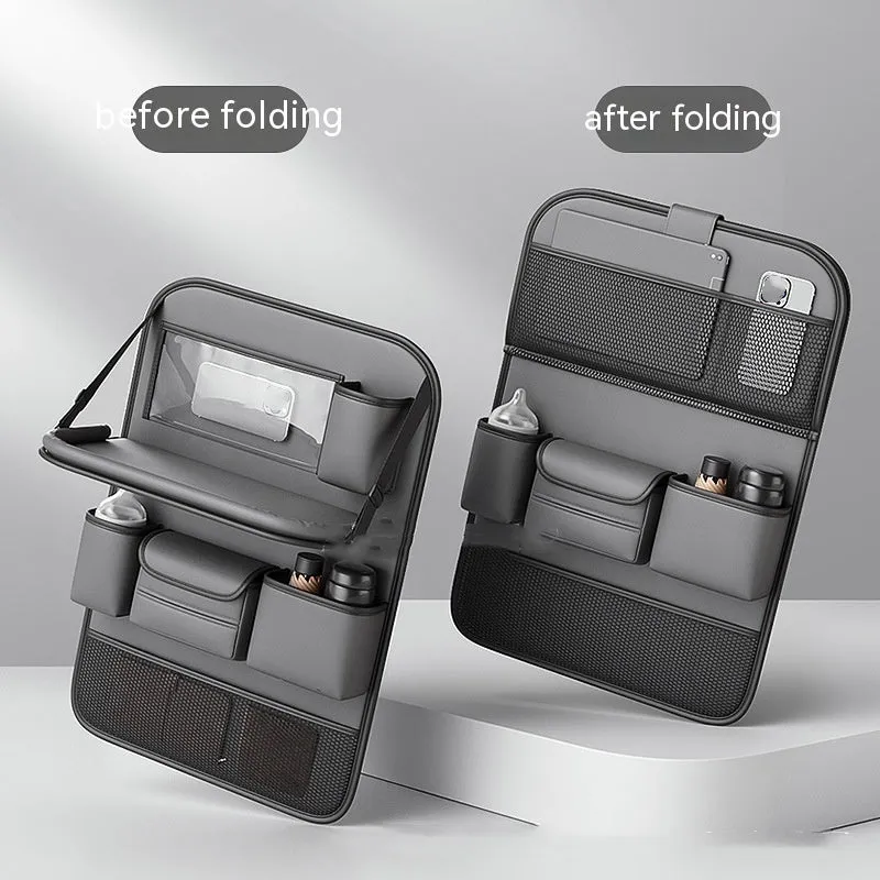 Leather car seat storage bag with fold-out table in black, grey, green, or brown