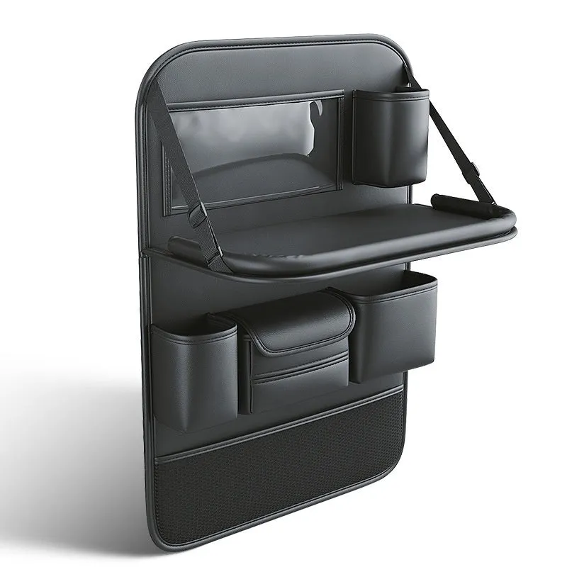 Leather car seat storage bag with fold-out table in black, grey, green, or brown