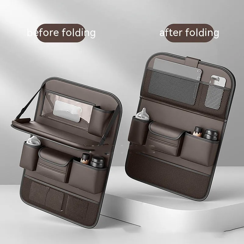 Leather car seat storage bag with fold-out table in black, grey, green, or brown