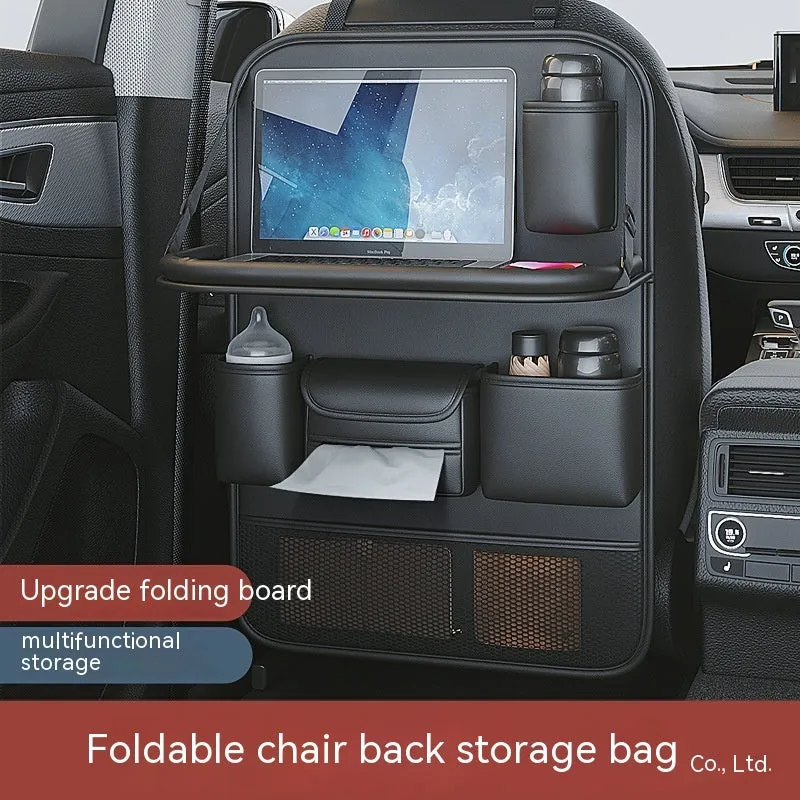 Leather car seat storage bag with fold-out table in black, grey, green, or brown