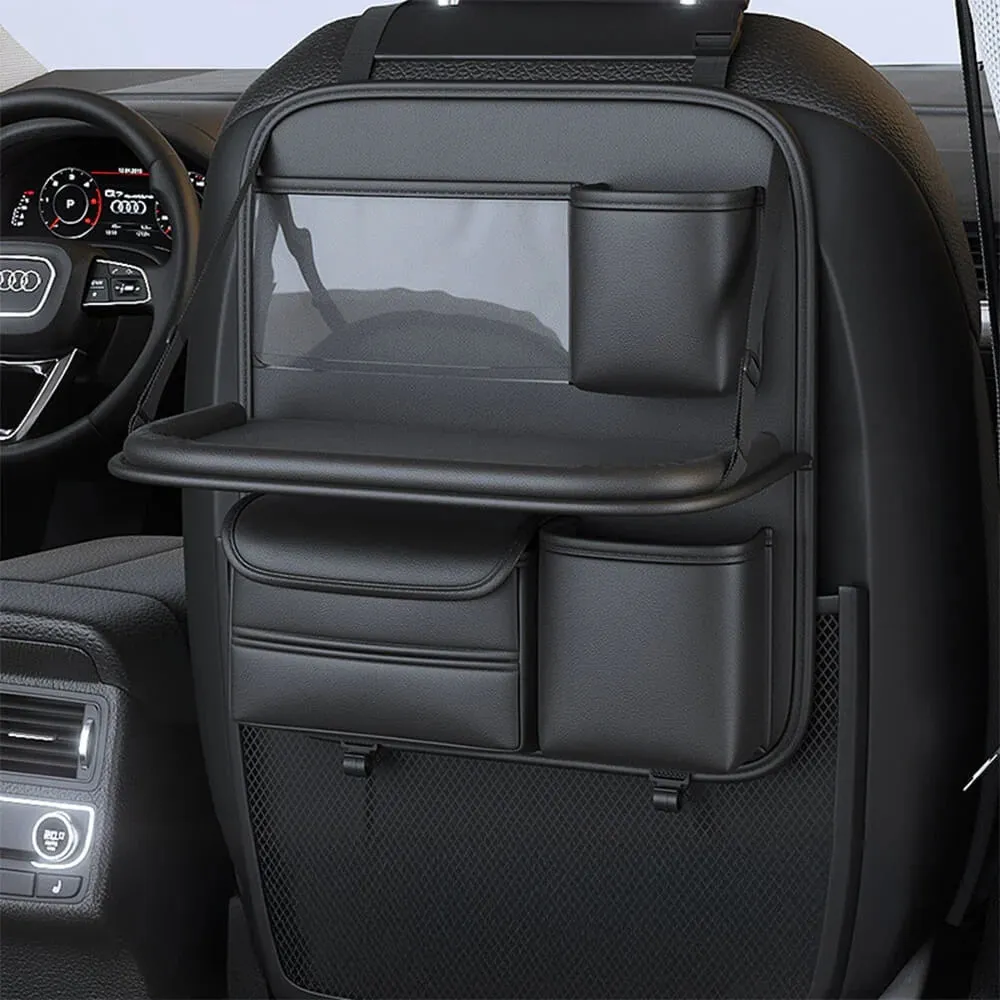 Leather car seat storage bag with fold-out table in black, grey, green, or brown