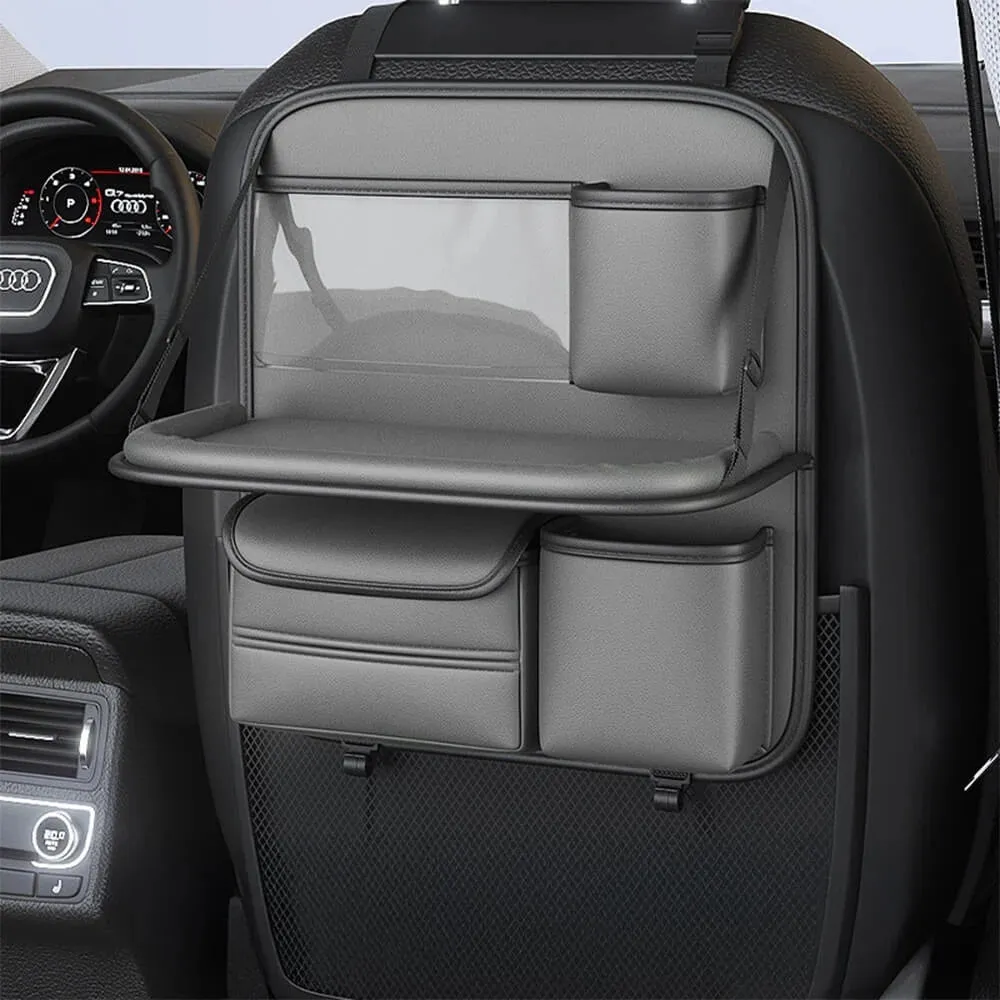 Leather car seat storage bag with fold-out table in black, grey, green, or brown