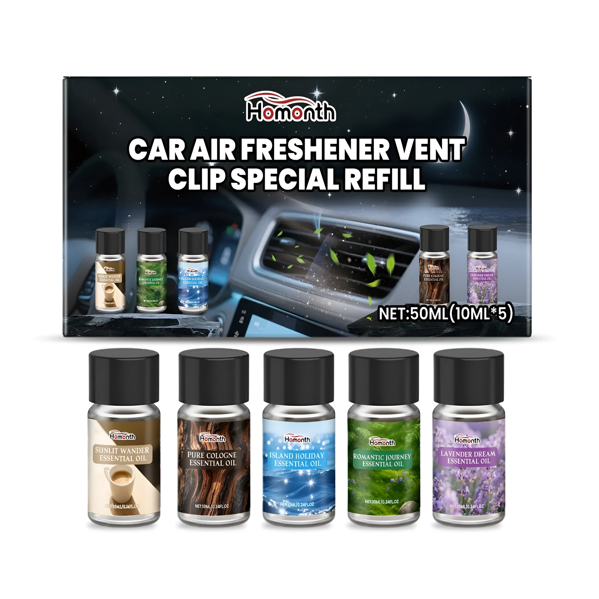 Car air freshener refill pack with five small bottles of liquid in different scents including cologne, ocean, vanilla, lavender and citrus.