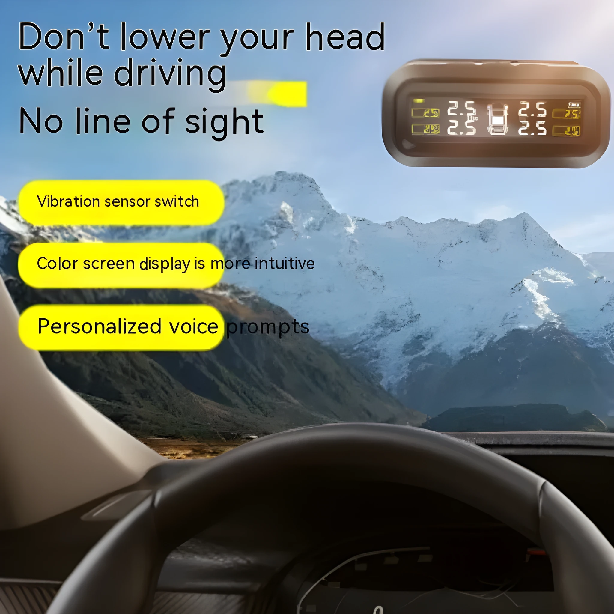 Wireless solar car tyre monitor with colour screen display and external sensors for tyre pressure and temperature monitoring