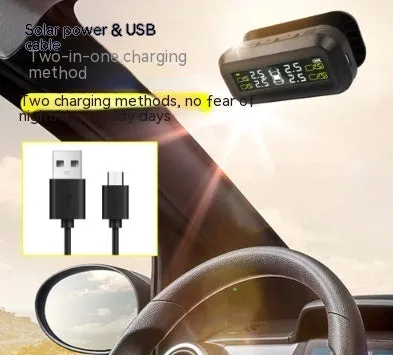 Wireless solar car tyre monitor with colour screen display and external sensors for tyre pressure and temperature monitoring