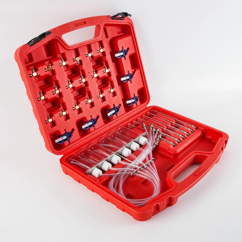 Brass and plastic fuel injection flow meter detection tool with oil return measuring instrument