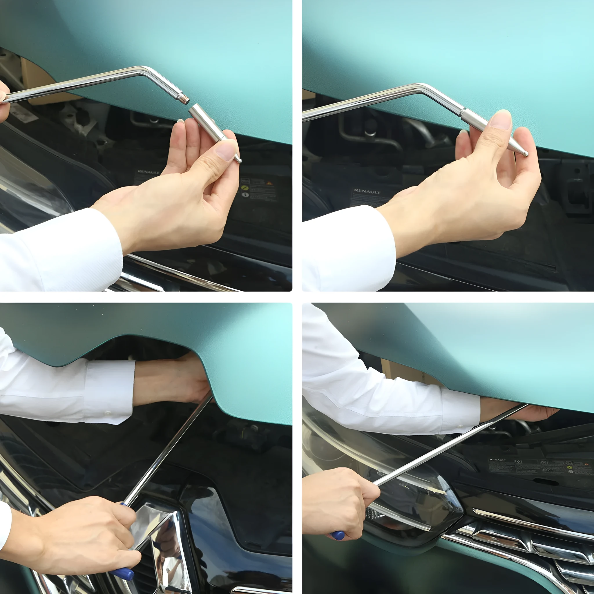 Three-piece alloy steel car dent repair tool set with a hook and crowbar on a workbench.