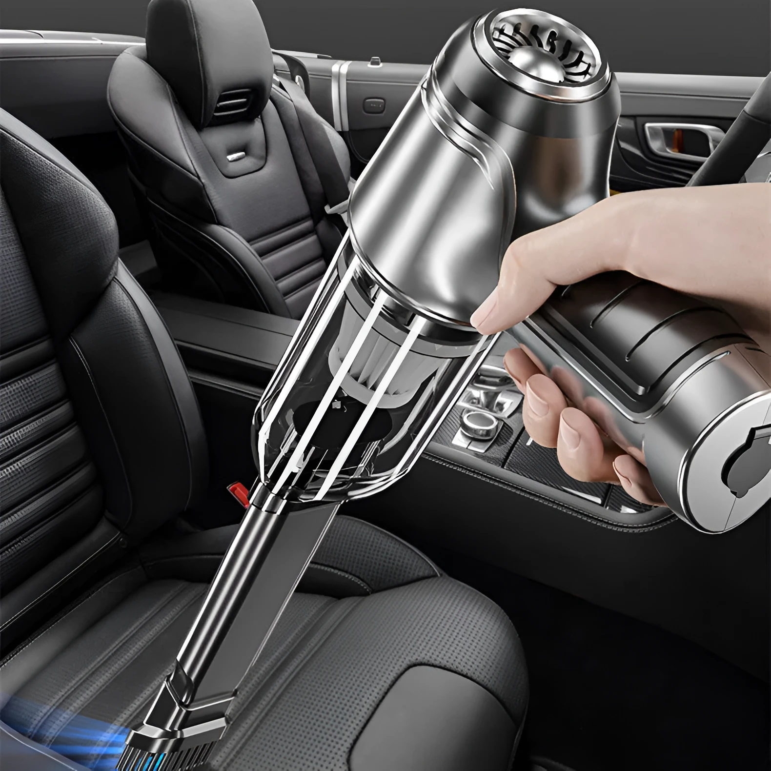 Brushless motor handheld car vacuum cleaner with attachments on grey background