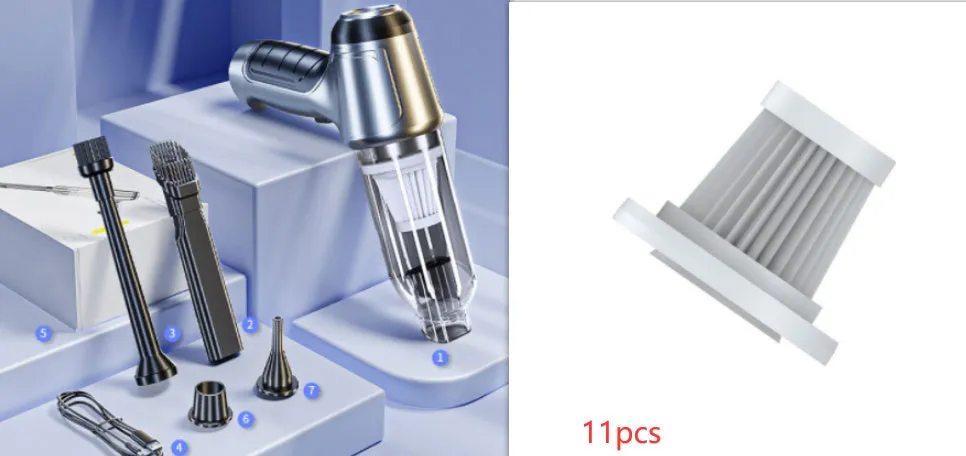Brushless motor handheld car vacuum cleaner with attachments on grey background
