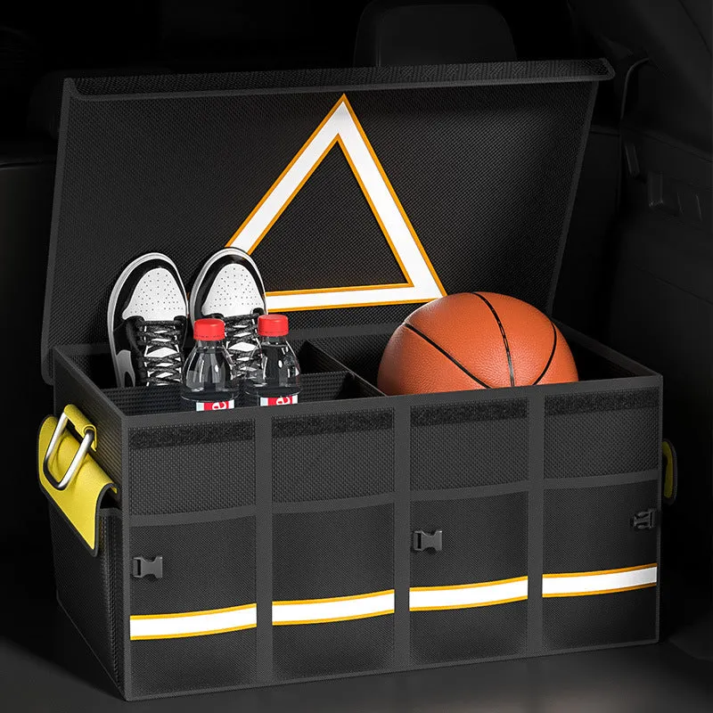 Black and yellow foldable fabric car boot storage organiser bag with a handle.