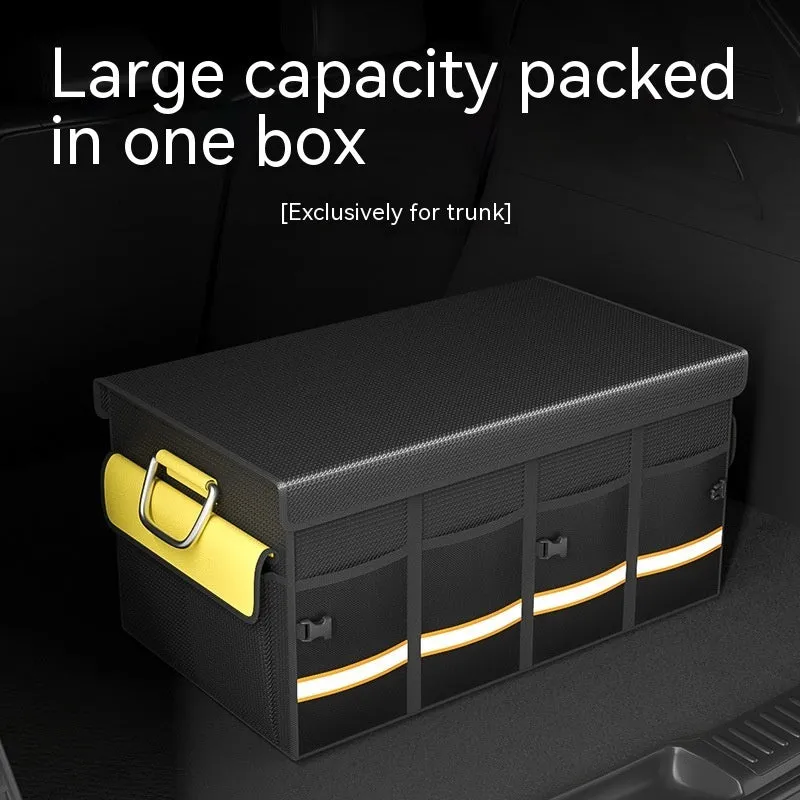 Black and yellow foldable fabric car boot storage organiser bag with a handle.