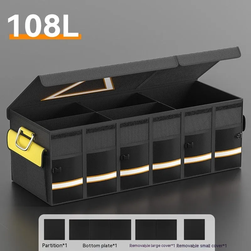 Black and yellow foldable fabric car boot storage organiser bag with a handle.