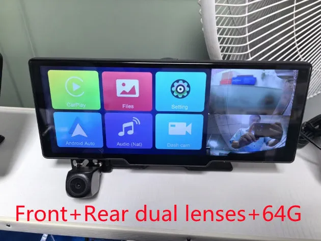 10.26-inch black car navigation device with touch screen showing split display of front and rear camera views