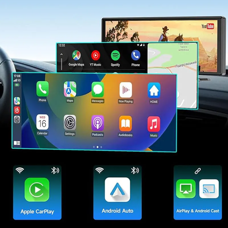 10.26-inch black car navigation device with touch screen showing split display of front and rear camera views