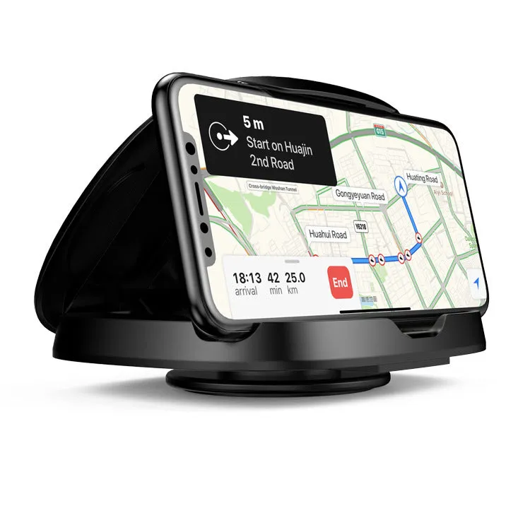 Black rotating car phone mount with suction cup windscreen attachment showing 360-degree adjustment capability