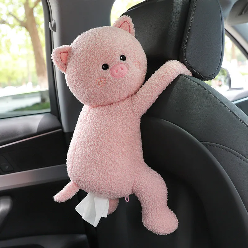 Plush car seat back tissue box holder with cute animal design mounted on car headrest