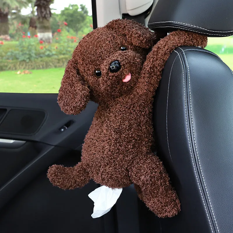 Plush car seat back tissue box holder with cute animal design mounted on car headrest