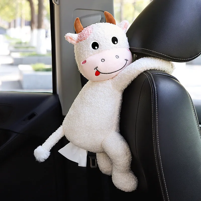 Plush car seat back tissue box holder with cute animal design mounted on car headrest