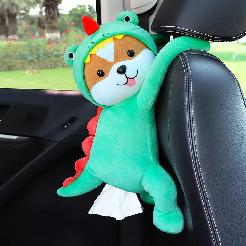 Plush car seat back tissue box holder with cute animal design mounted on car headrest
