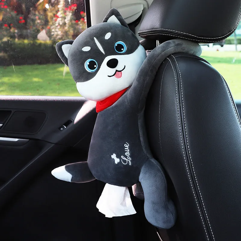 Plush car seat back tissue box holder with cute animal design mounted on car headrest