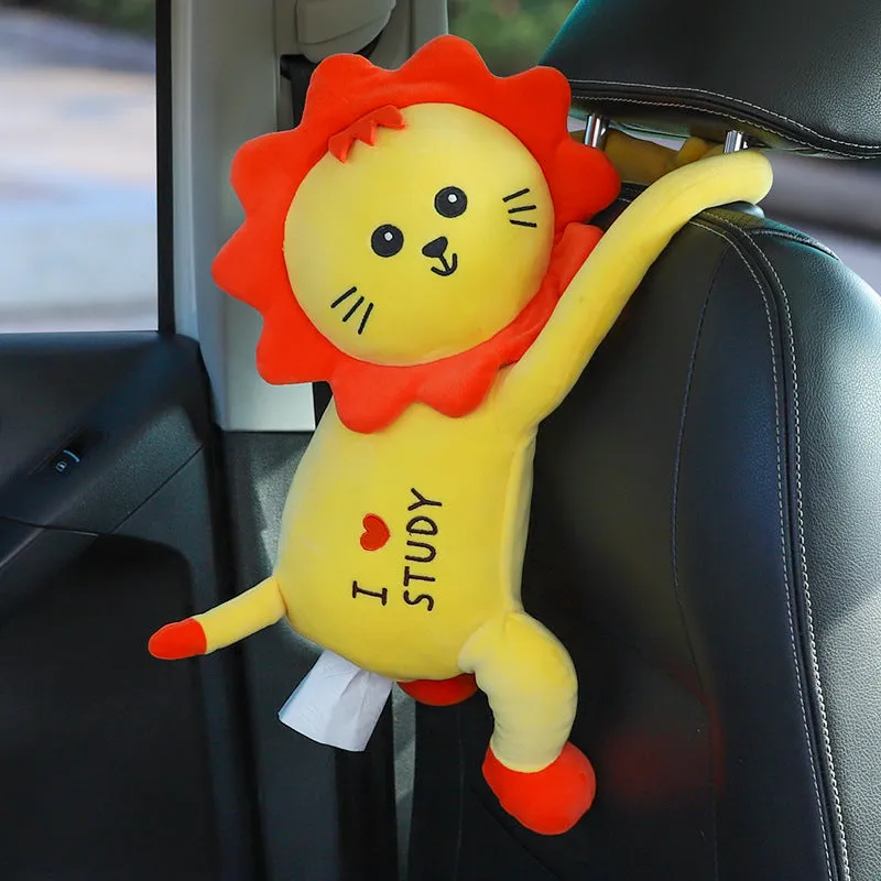 Plush car seat back tissue box holder with cute animal design mounted on car headrest