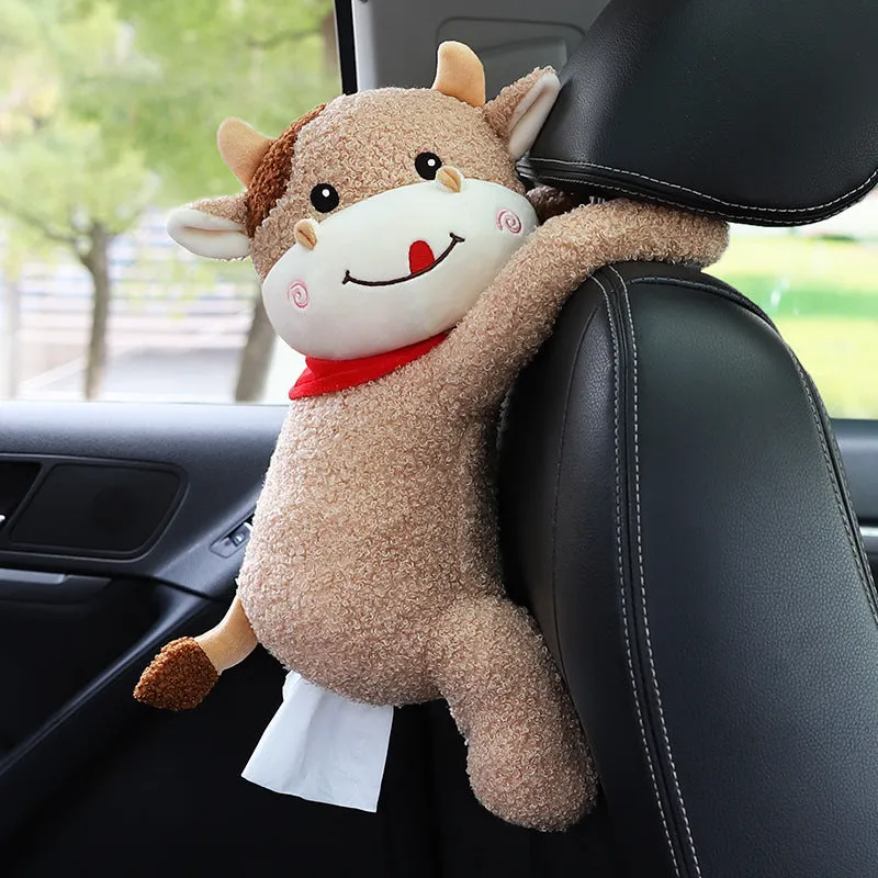 Plush car seat back tissue box holder with cute animal design mounted on car headrest