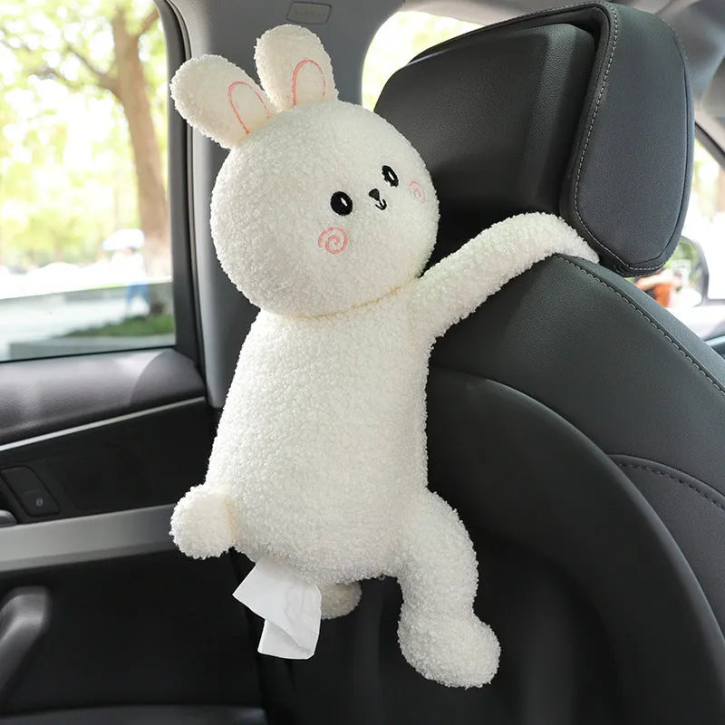 Plush car seat back tissue box holder with cute animal design mounted on car headrest