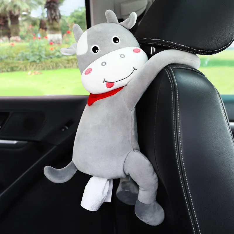 Plush car seat back tissue box holder with cute animal design mounted on car headrest