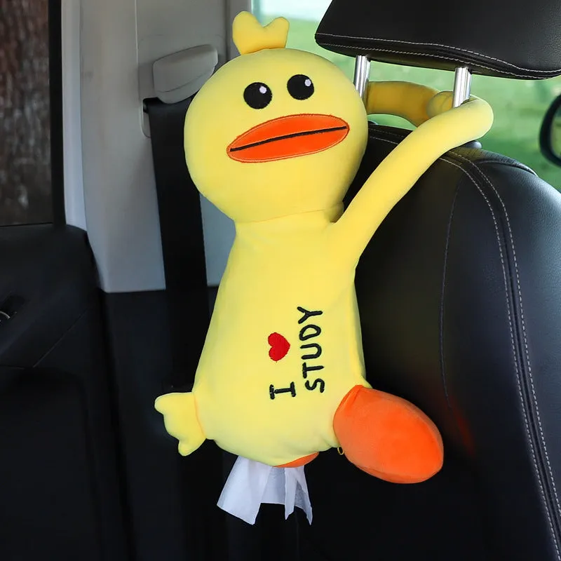 Plush car seat back tissue box holder with cute animal design mounted on car headrest