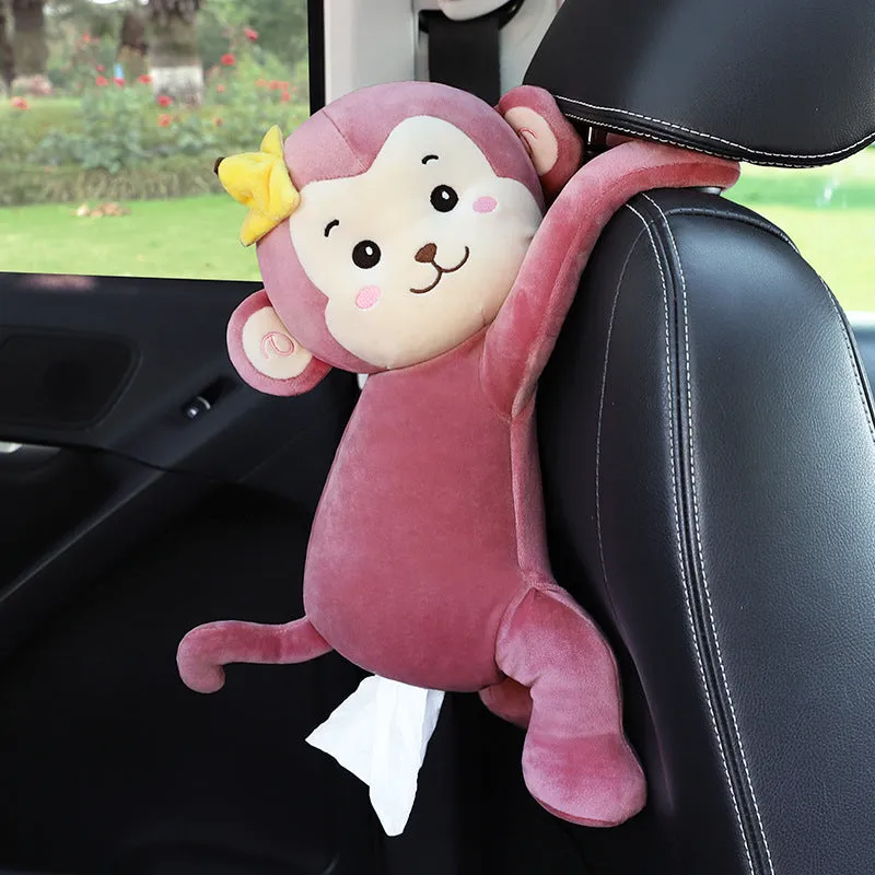 Plush car seat back tissue box holder with cute animal design mounted on car headrest