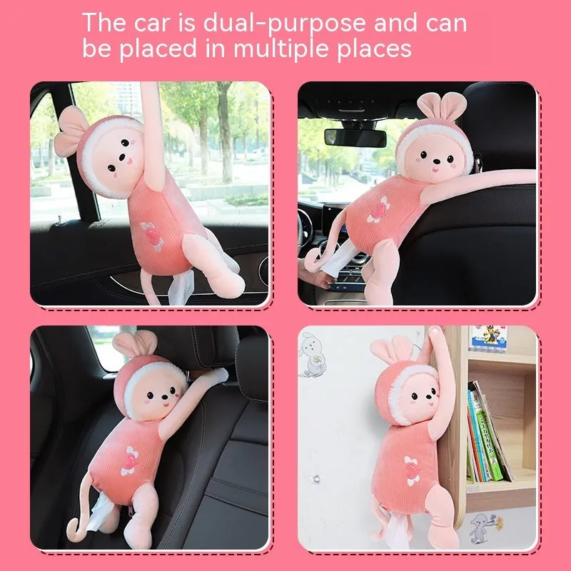 Plush car seat back tissue box holder with cute animal design mounted on car headrest