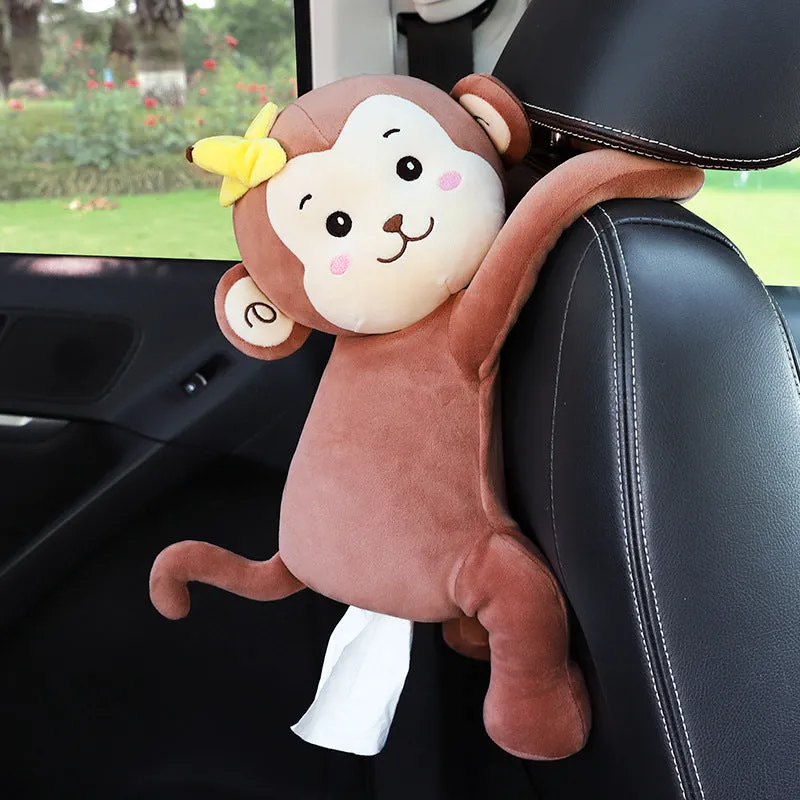 Plush car seat back tissue box holder with cute animal design mounted on car headrest