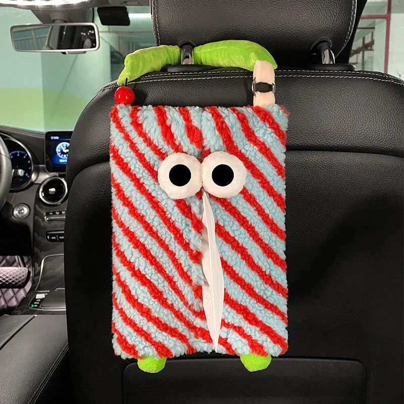 Hanging plush cartoon tissue box with elastic strap for car armrest or office chair mounting