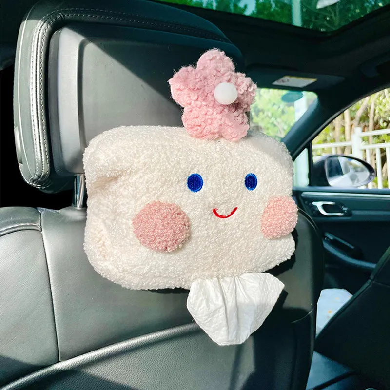 Hanging plush cartoon tissue box with elastic strap for car armrest or office chair mounting
