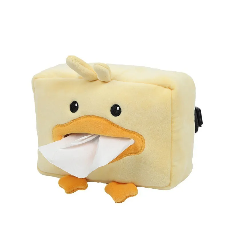 Hanging plush cartoon tissue box with elastic strap for car armrest or office chair mounting