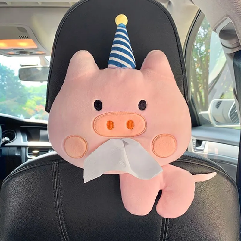 Hanging plush cartoon tissue box with elastic strap for car armrest or office chair mounting
