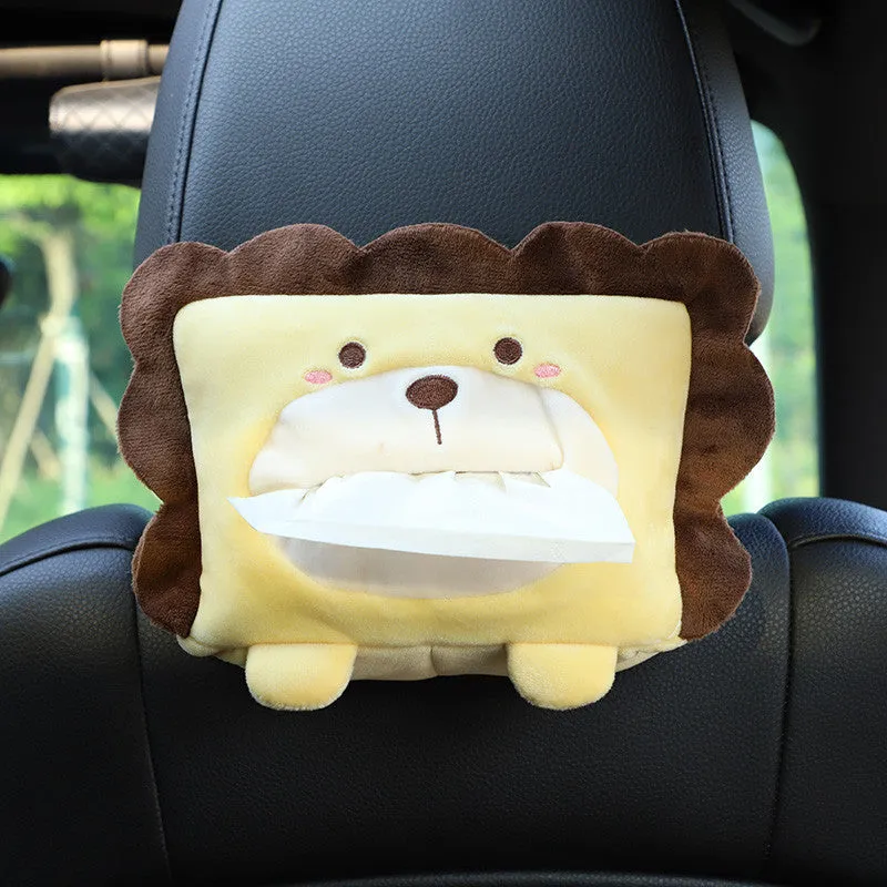 Hanging plush cartoon tissue box with elastic strap for car armrest or office chair mounting