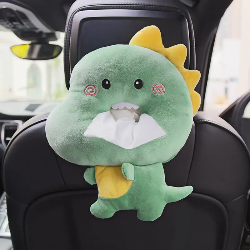 Hanging plush cartoon tissue box with elastic strap for car armrest or office chair mounting