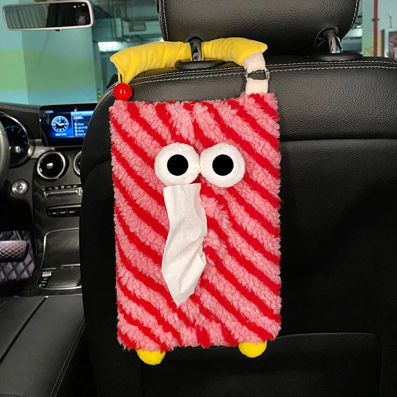 Hanging plush cartoon tissue box with elastic strap for car armrest or office chair mounting