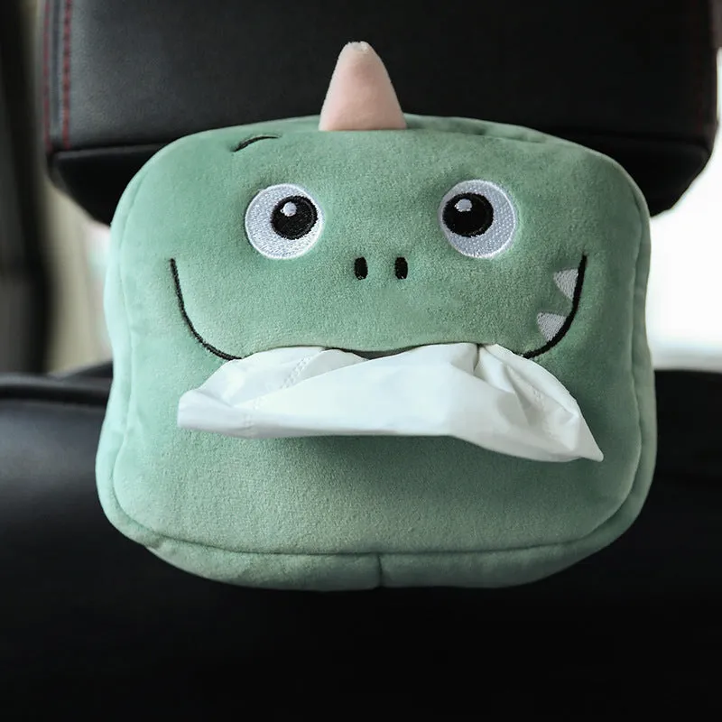 Hanging plush cartoon tissue box with elastic strap for car armrest or office chair mounting