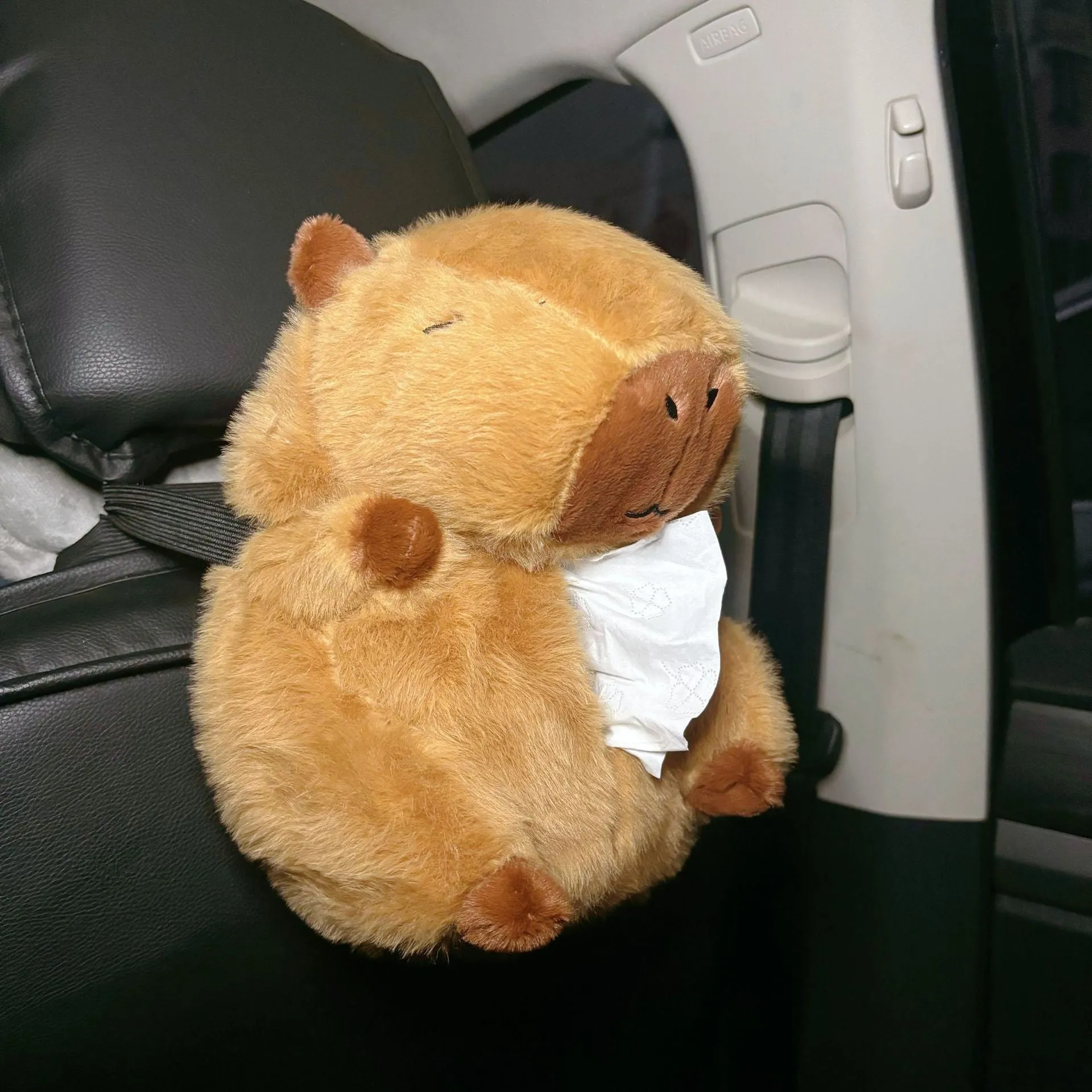 Hanging plush cartoon tissue box with elastic strap for car armrest or office chair mounting