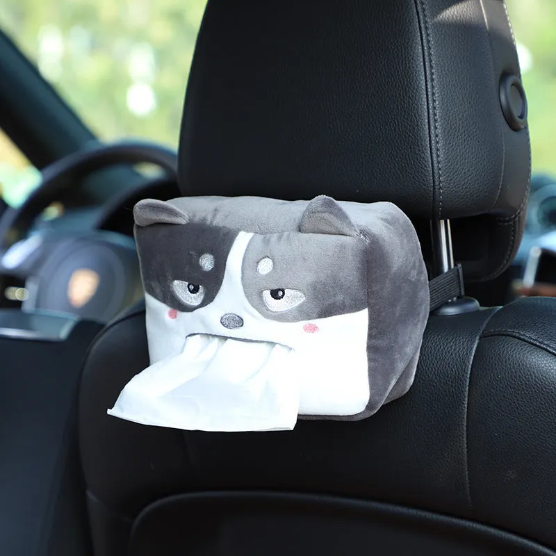 Hanging plush cartoon tissue box with elastic strap for car armrest or office chair mounting
