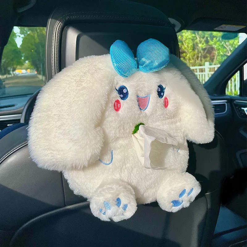 Hanging plush cartoon tissue box with elastic strap for car armrest or office chair mounting