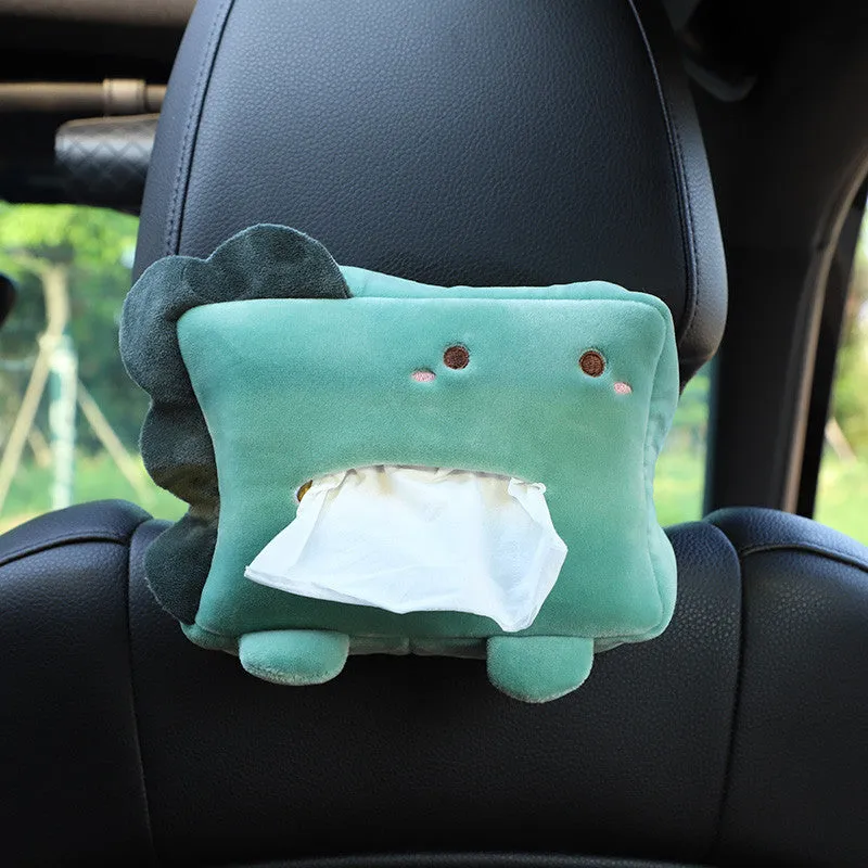 Hanging plush cartoon tissue box with elastic strap for car armrest or office chair mounting