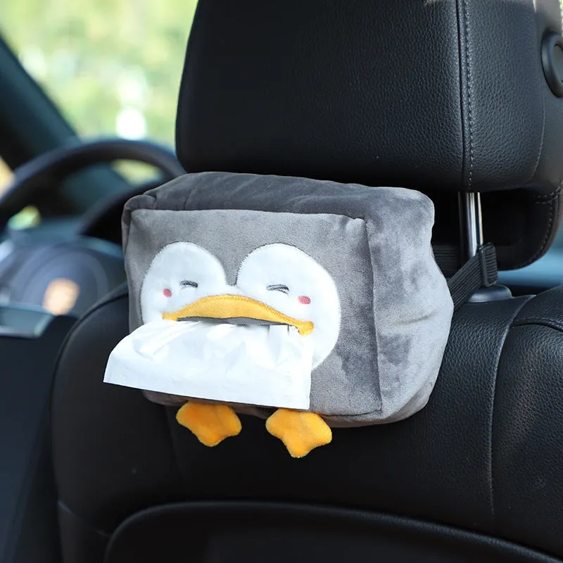Hanging plush cartoon tissue box with elastic strap for car armrest or office chair mounting